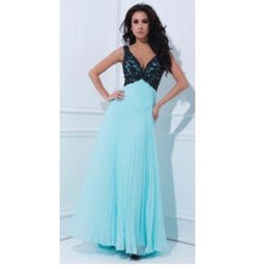 Tony Bowls Evening Gown - Aqua/Black Lace Size 6